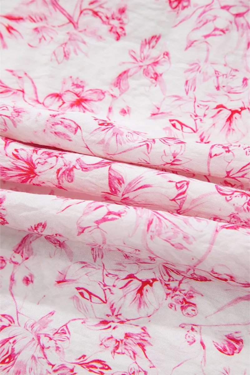 Pink Floral Ruffled Short Sleeve Bow Back Square Neck Blouse - Love Salve